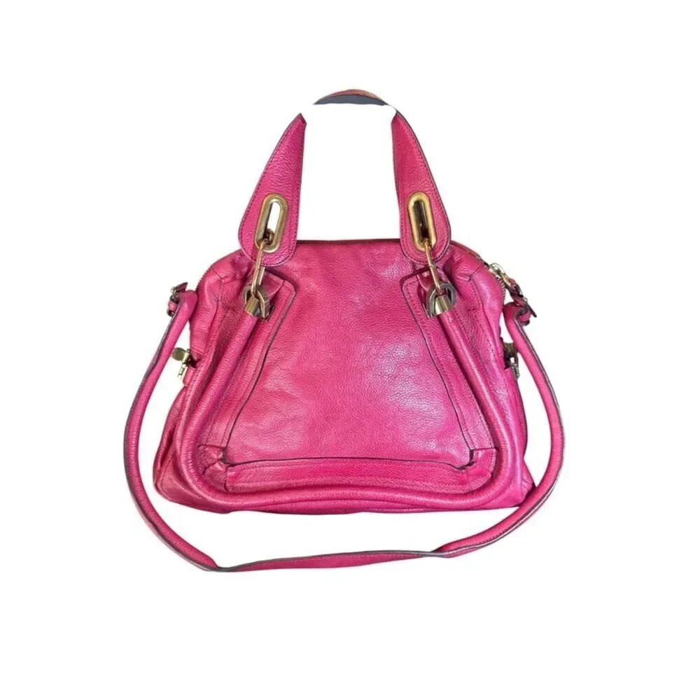 Chloe Fuchsia Pink Leather Medium Paraty 2way Satchel with Charm Auth